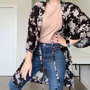 Spiritual Gangster Floral Kimono Wrap Robe Cover Up Black White Gray